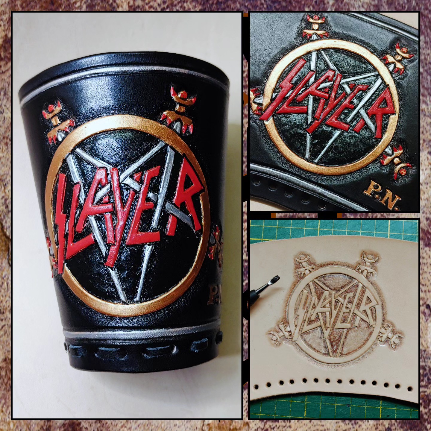 Würfelbecher mit punziertem Bandmotiv, rot und gold bemalt
